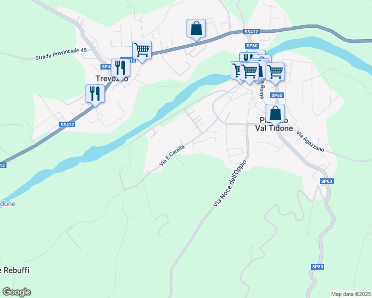 map of restaurants, bars, coffee shops, grocery stores, and more near 21 Via E. Carella in Provincia di Piacenza