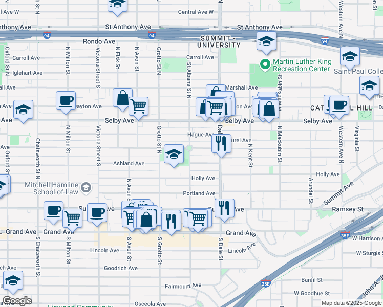 map of restaurants, bars, coffee shops, grocery stores, and more near 110 Saint Albans Street North in Saint Paul