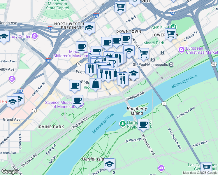 map of restaurants, bars, coffee shops, grocery stores, and more near 27 West 4th Street in Saint Paul