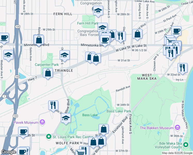 map of restaurants, bars, coffee shops, grocery stores, and more near 4410 Park Glen Road in St. Louis Park