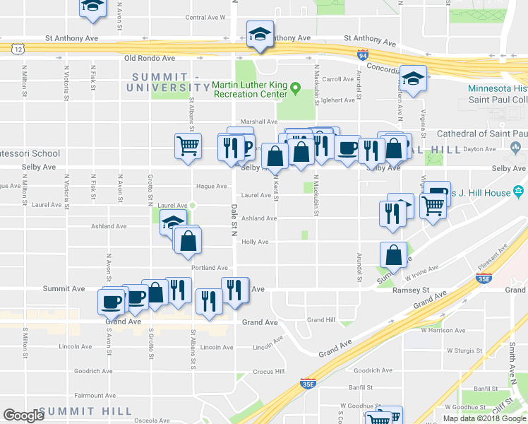 map of restaurants, bars, coffee shops, grocery stores, and more near 575 Ashland Avenue in Saint Paul