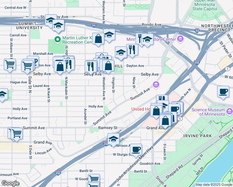 map of restaurants, bars, coffee shops, grocery stores, and more near 333 Maiden Lane in Saint Paul