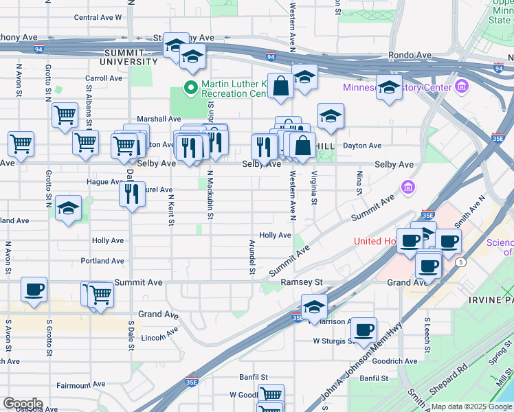 map of restaurants, bars, coffee shops, grocery stores, and more near 433 Ashland Avenue in Saint Paul