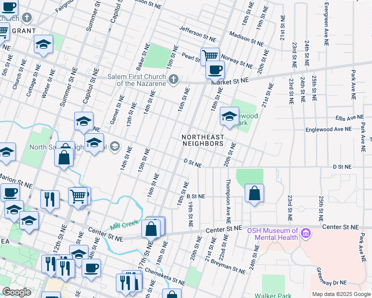 map of restaurants, bars, coffee shops, grocery stores, and more near 960 17th Street Northeast in Salem