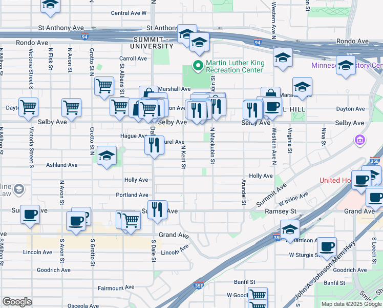 map of restaurants, bars, coffee shops, grocery stores, and more near 545 Ashland Avenue in Saint Paul