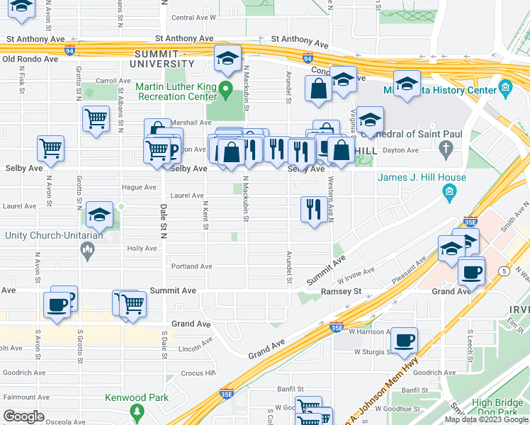map of restaurants, bars, coffee shops, grocery stores, and more near 471 Ashland Avenue in Saint Paul