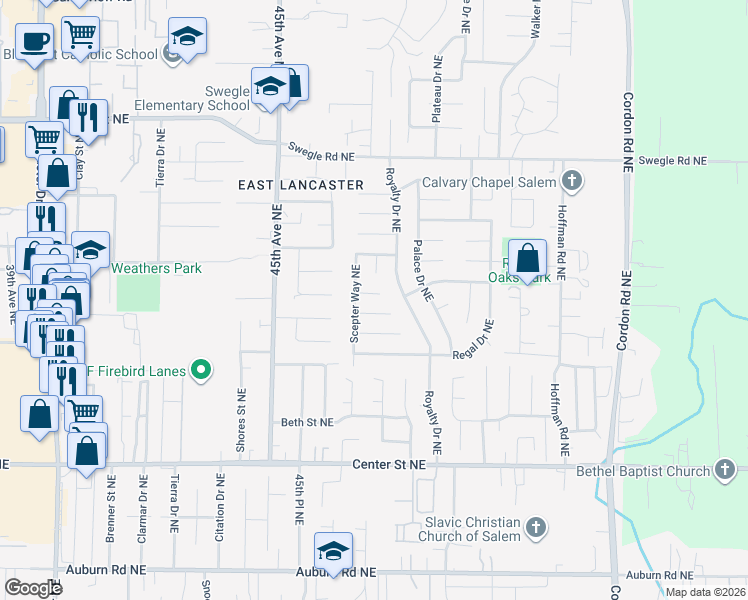 map of restaurants, bars, coffee shops, grocery stores, and more near 1104 Scepter Court Northeast in Salem