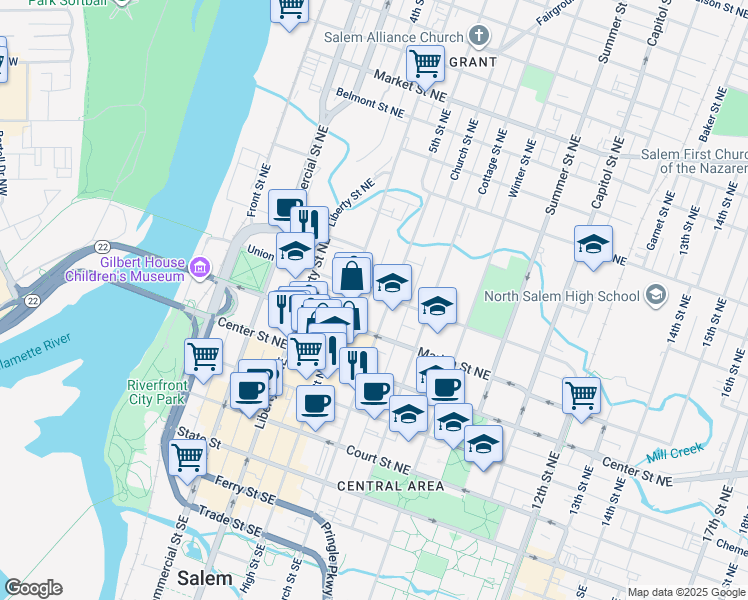 map of restaurants, bars, coffee shops, grocery stores, and more near 590 Union Street Northeast in Salem