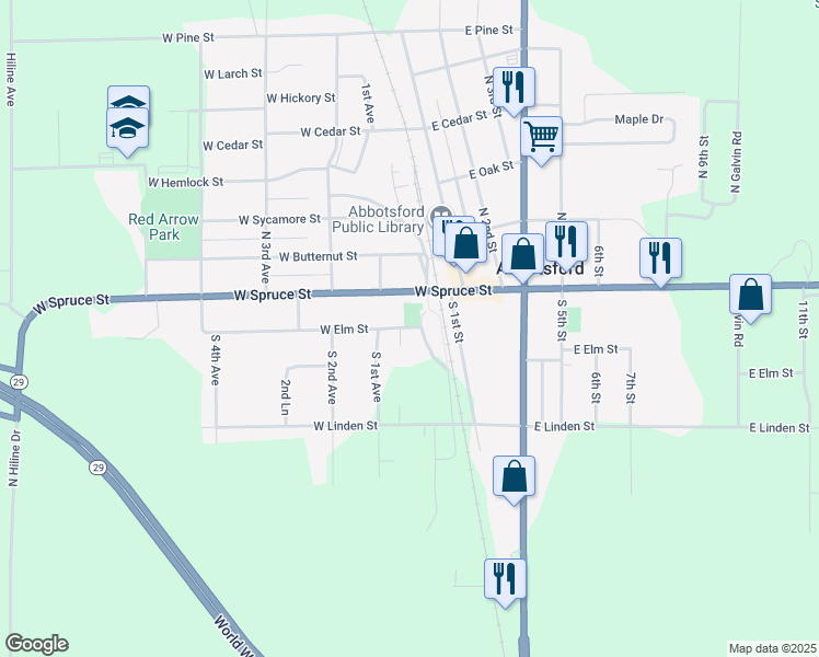 map of restaurants, bars, coffee shops, grocery stores, and more near 105 West Elm Street in Abbotsford