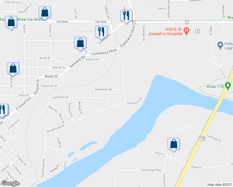 map of restaurants, bars, coffee shops, grocery stores, and more near 1126 Dutchman Court in Chippewa Falls