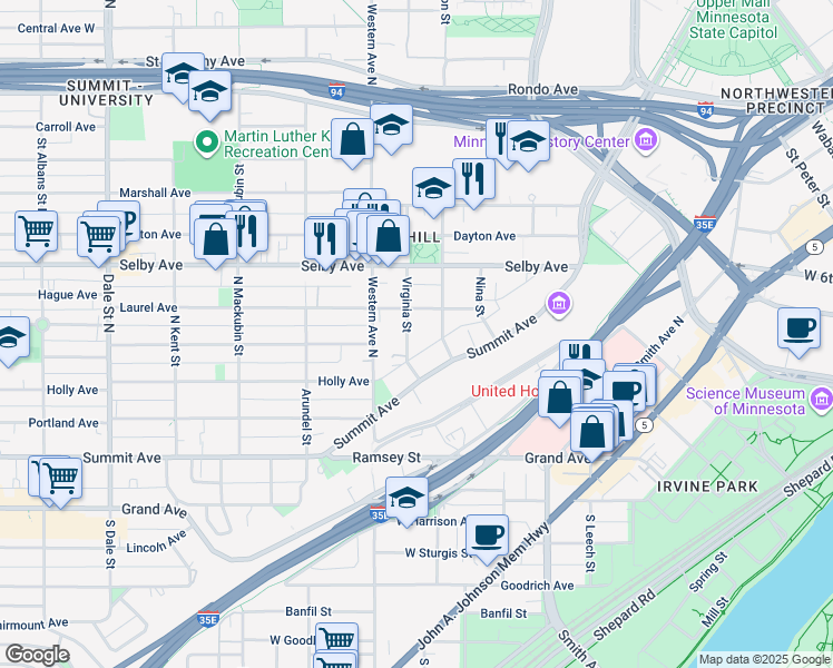 map of restaurants, bars, coffee shops, grocery stores, and more near 333 Maiden Lane in Saint Paul