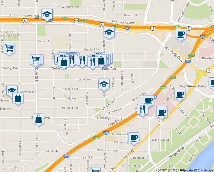 map of restaurants, bars, coffee shops, grocery stores, and more near 108 Western Avenue North in Saint Paul