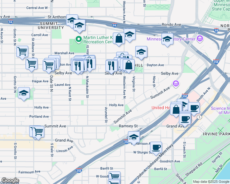map of restaurants, bars, coffee shops, grocery stores, and more near 401 Ashland Avenue in Saint Paul