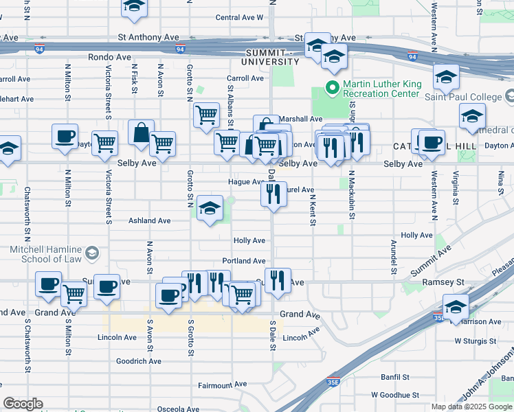 map of restaurants, bars, coffee shops, grocery stores, and more near 651 Ashland Avenue in Saint Paul