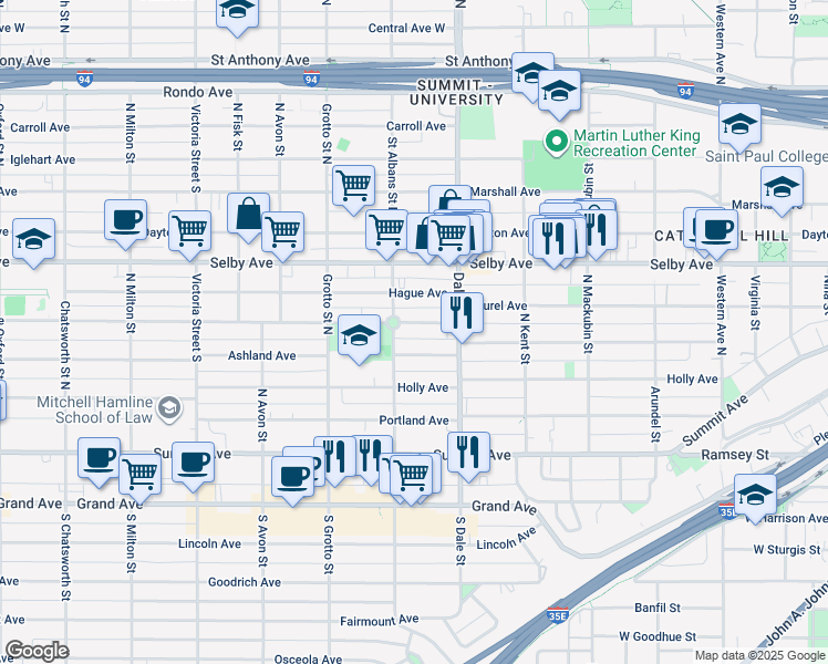 map of restaurants, bars, coffee shops, grocery stores, and more near 651 Ashland Avenue in Saint Paul