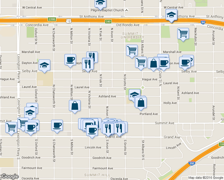 map of restaurants, bars, coffee shops, grocery stores, and more near 794 Laurel Avenue in Saint Paul