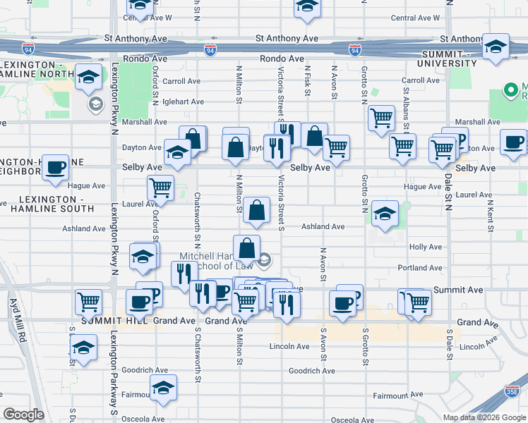 map of restaurants, bars, coffee shops, grocery stores, and more near 900 Laurel Avenue in Saint Paul