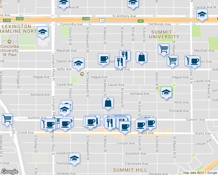 map of restaurants, bars, coffee shops, grocery stores, and more near 900 Laurel Avenue in Saint Paul
