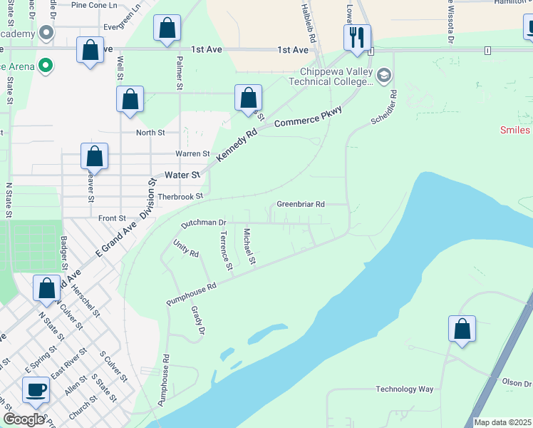 map of restaurants, bars, coffee shops, grocery stores, and more near 950 Dutchman Drive in Chippewa Falls
