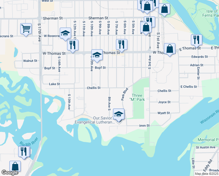 map of restaurants, bars, coffee shops, grocery stores, and more near 787 Chellis Street in Wausau