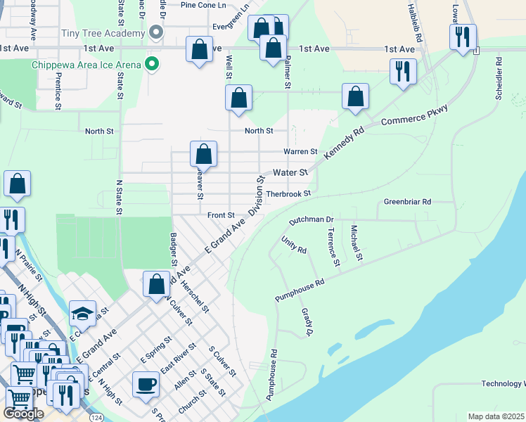 map of restaurants, bars, coffee shops, grocery stores, and more near 3 Division Street in Chippewa Falls