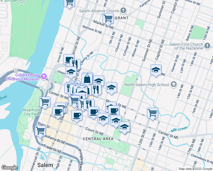 map of restaurants, bars, coffee shops, grocery stores, and more near 605 Cottage Street Northeast in Salem