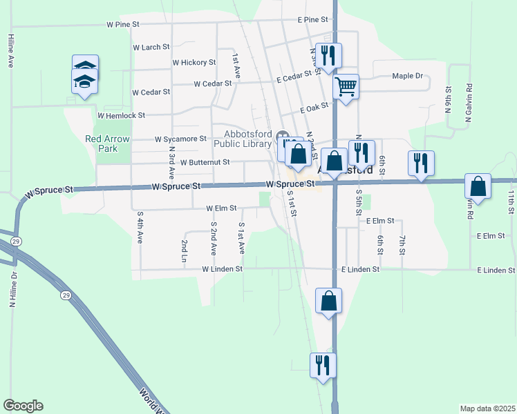 map of restaurants, bars, coffee shops, grocery stores, and more near 105 West Elm Street in Abbotsford