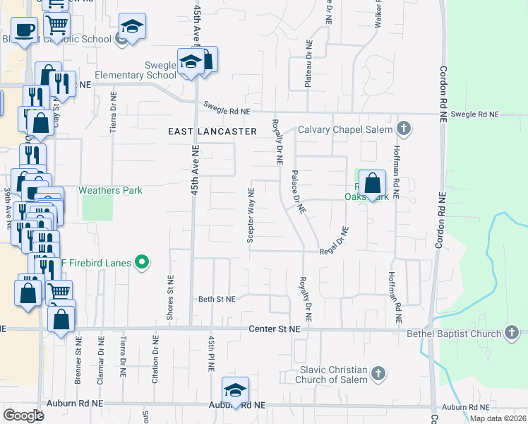map of restaurants, bars, coffee shops, grocery stores, and more near 1104 Scepter Court Northeast in Salem