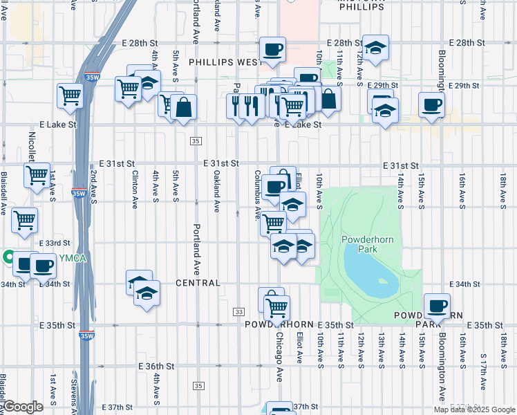 map of restaurants, bars, coffee shops, grocery stores, and more near Columbus Ave & E 32nd St in Minneapolis