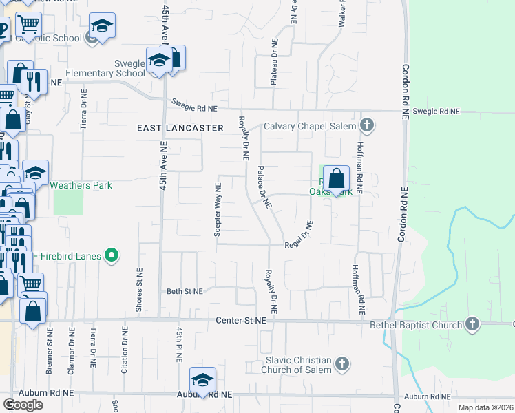 map of restaurants, bars, coffee shops, grocery stores, and more near 1106 Royalty Drive Northeast in Salem