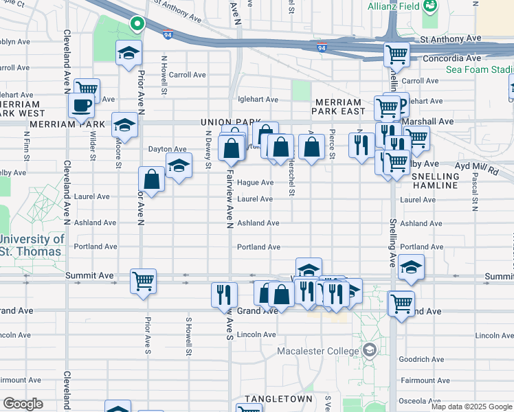 map of restaurants, bars, coffee shops, grocery stores, and more near 1773 Ashland Avenue in Saint Paul