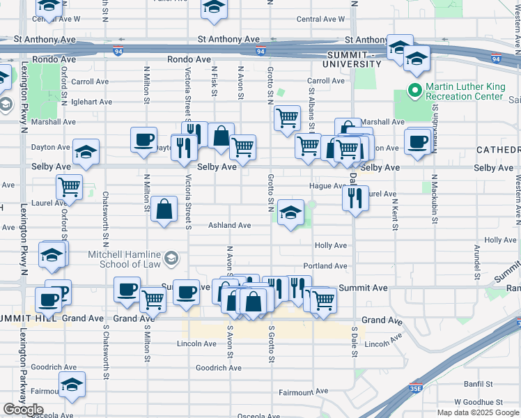 map of restaurants, bars, coffee shops, grocery stores, and more near 752 Laurel Avenue in Saint Paul