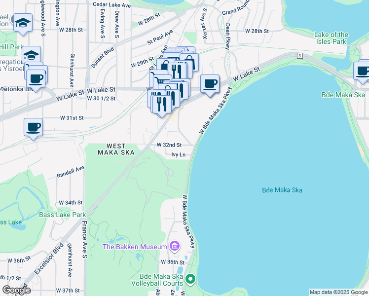 map of restaurants, bars, coffee shops, grocery stores, and more near 3326 Ivy Lane in Minneapolis