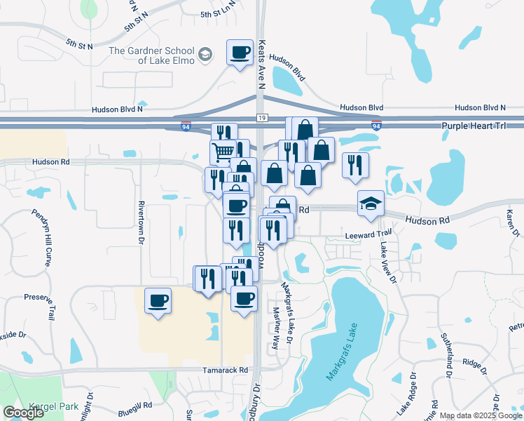 map of restaurants, bars, coffee shops, grocery stores, and more near Woodbury Drive & Hudson Road in Woodbury