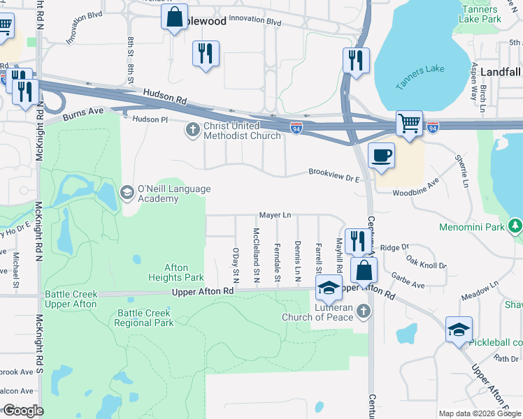 map of restaurants, bars, coffee shops, grocery stores, and more near 2576 Mayer Lane in Maplewood