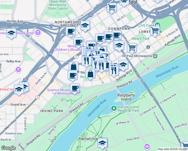 map of restaurants, bars, coffee shops, grocery stores, and more near 350 North Market Street in Saint Paul