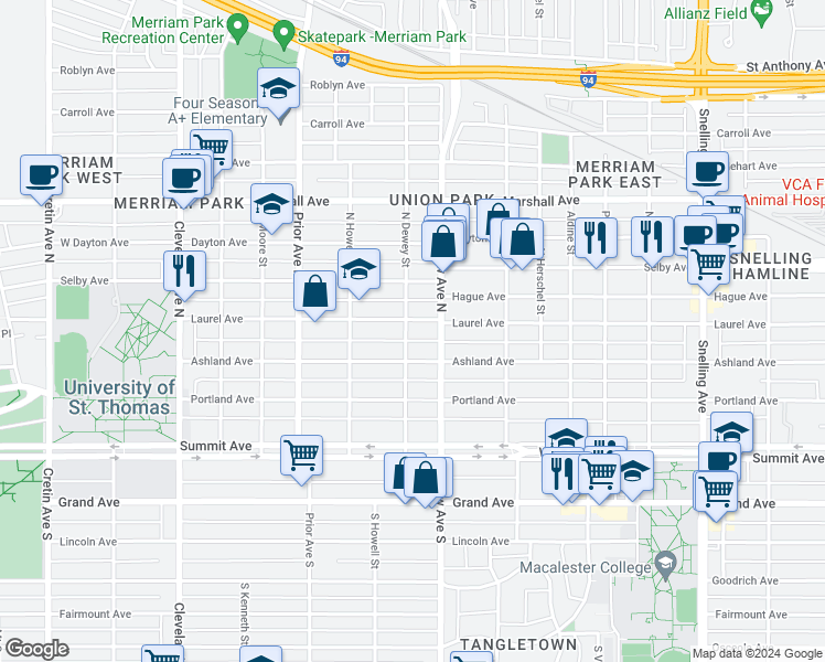 map of restaurants, bars, coffee shops, grocery stores, and more near 1847 Ashland Avenue in Saint Paul