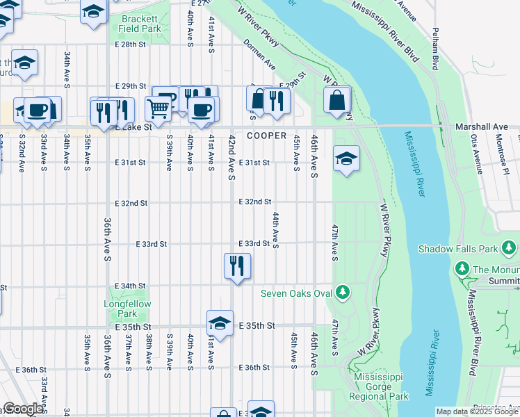 map of restaurants, bars, coffee shops, grocery stores, and more near 3212 43rd Avenue South in Minneapolis