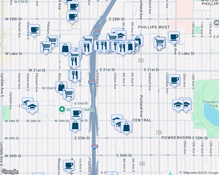 map of restaurants, bars, coffee shops, grocery stores, and more near 3212 3rd Avenue South in Minneapolis
