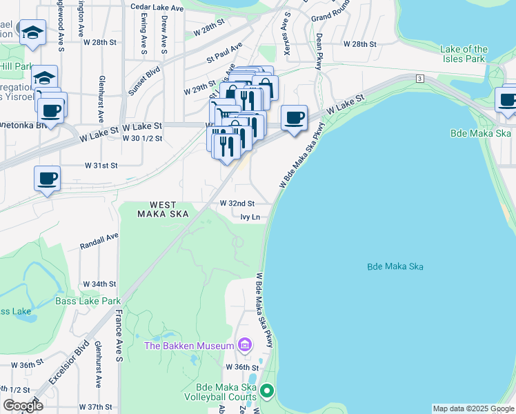 map of restaurants, bars, coffee shops, grocery stores, and more near 3326 Ivy Lane in Minneapolis