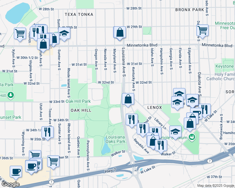 map of restaurants, bars, coffee shops, grocery stores, and more near 3264 Louisiana Avenue South in St. Louis Park
