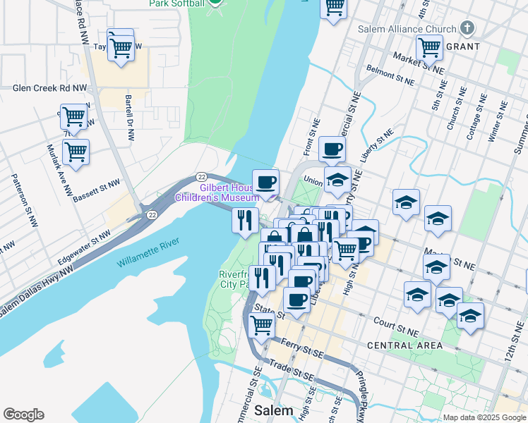 map of restaurants, bars, coffee shops, grocery stores, and more near 434 Water Street Northeast in Salem