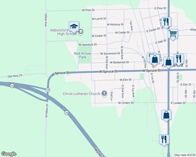 map of restaurants, bars, coffee shops, grocery stores, and more near 201 4th Avenue in Abbotsford