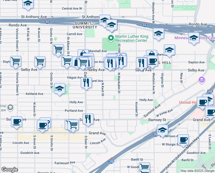 map of restaurants, bars, coffee shops, grocery stores, and more near 545 Ashland Avenue in Saint Paul