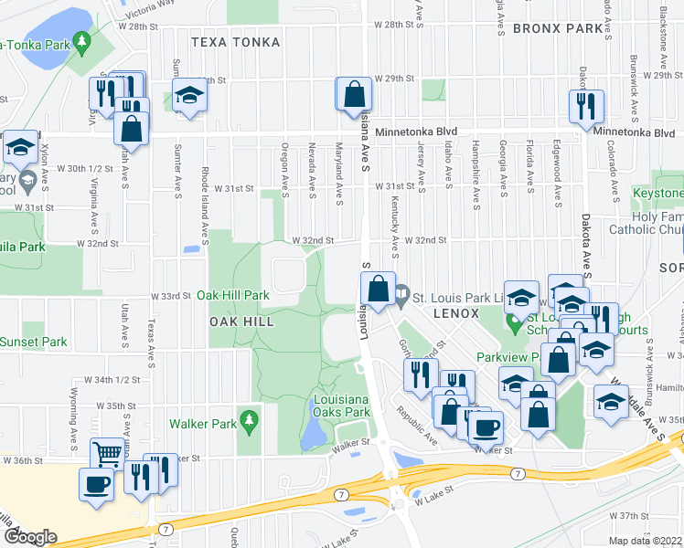 map of restaurants, bars, coffee shops, grocery stores, and more near 7267 Oak Park Village Drive in Minneapolis