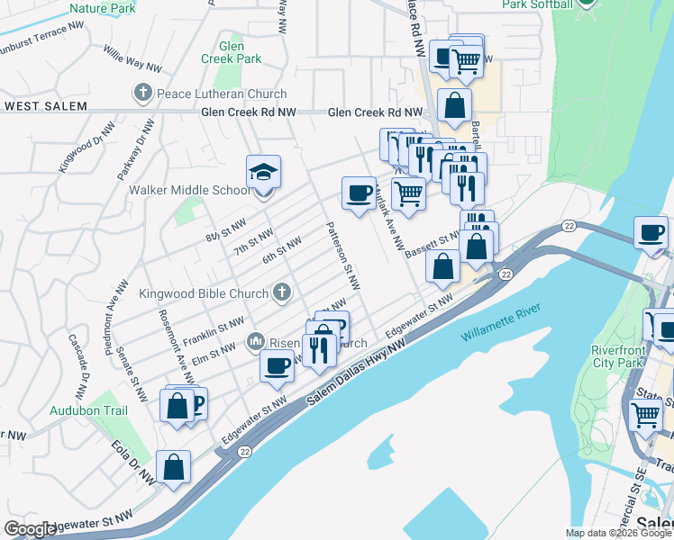 map of restaurants, bars, coffee shops, grocery stores, and more near 1015 3rd Street Northwest in Salem