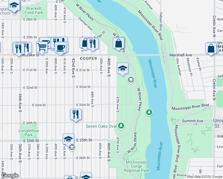 map of restaurants, bars, coffee shops, grocery stores, and more near 3216 47th Avenue South in Minneapolis