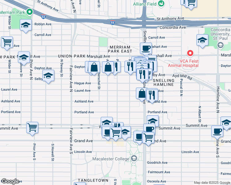 map of restaurants, bars, coffee shops, grocery stores, and more near 1670 Laurel Avenue in Saint Paul
