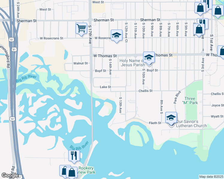 map of restaurants, bars, coffee shops, grocery stores, and more near 1315 Chellis Street in Wausau