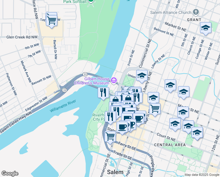 map of restaurants, bars, coffee shops, grocery stores, and more near 434 Water Street Northeast in Salem